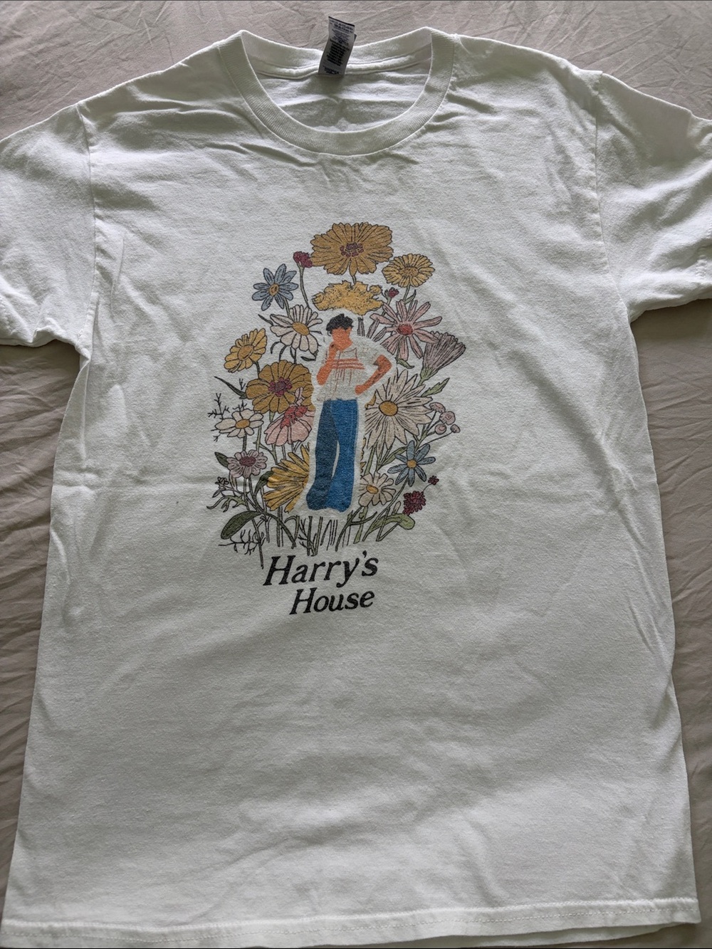 Gildan White Short Sleeve Tee with Multicolor Floral Graphic - "Harry's House"
